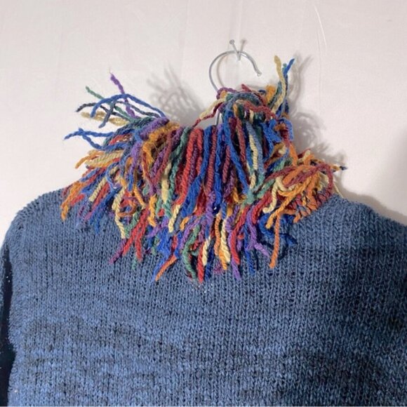 Vintage World Folk Art Imports Blue Wool Knit Sweater With Rainbow Fringe Trim M - Picture 8 of 15